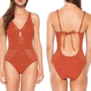Becca Show & Tell One-Piece Swimsuit Lace Crochet Orange/rust NEW